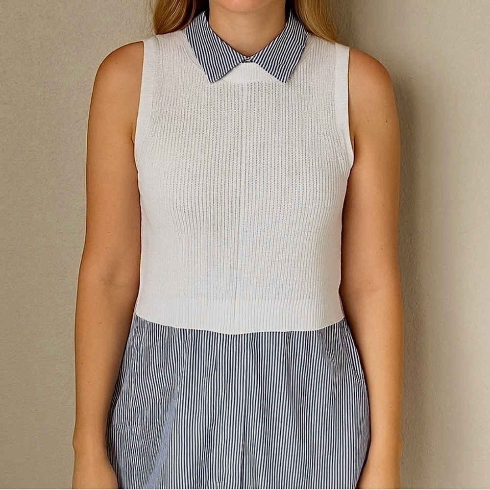 Club Monaco Sweater vest White Mixed‎ media Stripe blue collar Women S NWOT